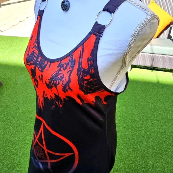 Witchy Gothic ✦ Skull & Pentacle Print A-Line Dress ✦ O-Ring Straps ✦ Red/Black - Picture 8 of 17